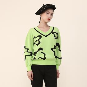 MIIDII谜底2022春款简约时尚H型V领提花套头衫针织衫女221MZ0371