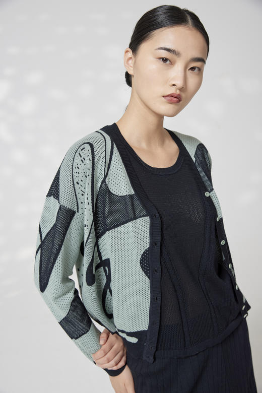 V领提花针织长袖女开衫 SJS94W063K 商品图0