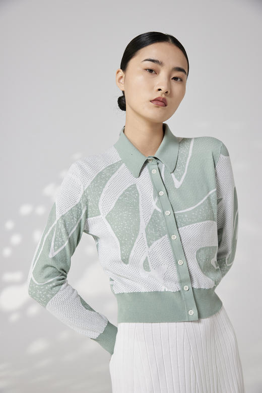 翻领提花针织长袖女开衫 SJS94W096K 商品图0