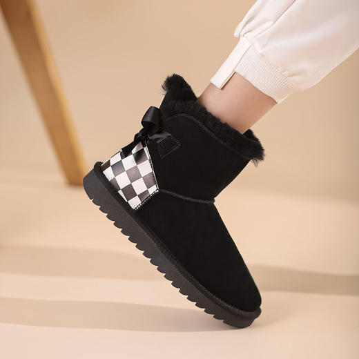 西村名物2021年冬新款时尚棋盘格短靴简约风加绒保暖短靴女T21DS46691 商品图1