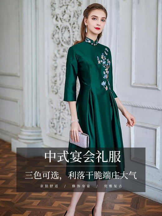 逸红颜古月2021年春季新款真丝礼服裙中长款优雅显瘦气质妈妈旗袍 商品图2