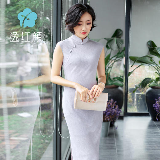 旗袍春秋女 中长款[逸红颜 紫翎]舒适弹力针织改良旗袍少清新淡雅 商品图0