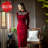 逸红颜 帛书 2025新款秋季中长款长袖旗袍丝绒旗袍连衣裙 商品缩略图1