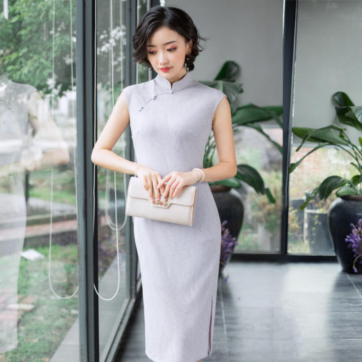 旗袍春秋女 中长款[逸红颜 紫翎]舒适弹力针织改良旗袍少清新淡雅 商品图2