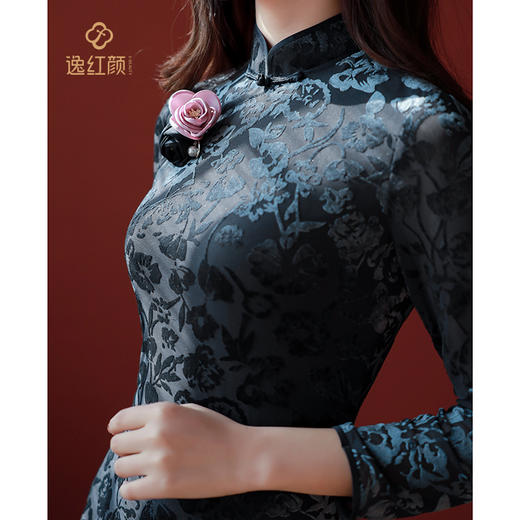 逸红颜 木兰 复古丝绒旗袍秋季新款开叉连衣裙*雅气质修身显瘦 商品图3