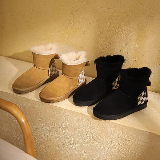 西村名物2021年冬新款时尚棋盘格短靴简约风加绒保暖短靴女T21DS46691 商品图2