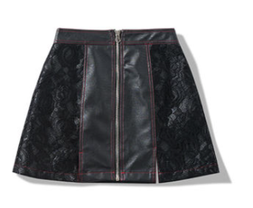 OSCI/OSC0493黑花卉蕾丝拼接短款皮裙
