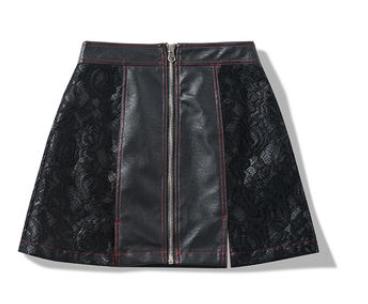 OSCI/OSC0493黑花卉蕾丝拼接短款皮裙 商品图0