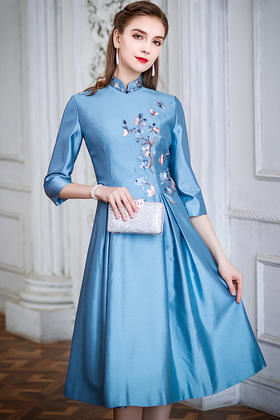 逸红颜古月2021年春季新款真丝礼服裙中长款优雅显瘦气质妈妈旗袍