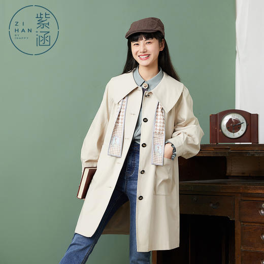 ZIHAN紫涵复古收腰翻领风衣2022春新品中长款收腰连衣裙式外套	Z2Z01AS157 商品图0