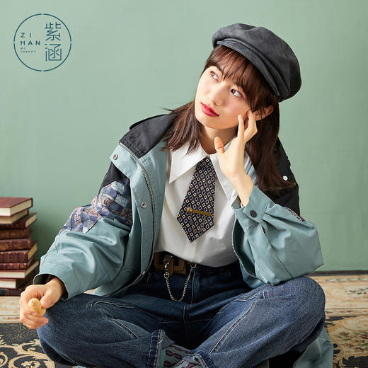 ZIHAN紫涵复古拼接华外套女2022春新品撞色花型休闲连帽上衣立领冲锋衣Z2Z01AS121 商品图4