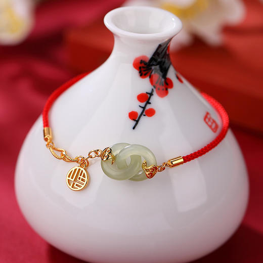 S925纯银镀金和田白玉青玉平安扣红绳福字手链手饰 CW 商品图1