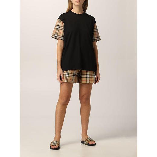 【二】BURBERRY 巴宝莉 女士 Vintage 格纹衣袖棉质宽松圆领短袖T恤 黑色 8043057 A1189 商品图1