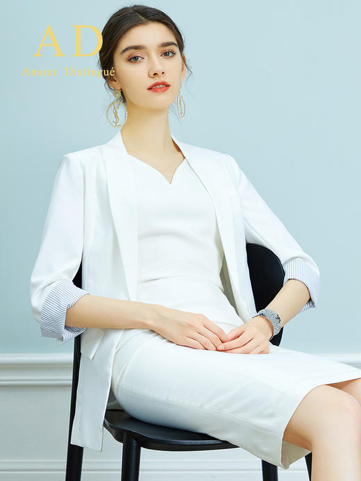AD时尚修身名媛无袖白色连衣裙西装外套套装OL通勤职业装气质春秋 商品图4