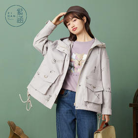 ZIHAN紫涵满版印花短款外套2022年春新款原创设计感连帽抽绳上衣Z2Z01AS150