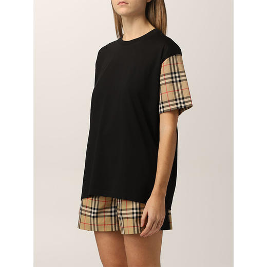 【二】BURBERRY 巴宝莉 女士 Vintage 格纹衣袖棉质宽松圆领短袖T恤 黑色 8043057 A1189 商品图3