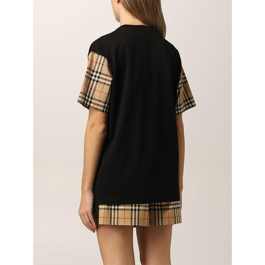 【二】BURBERRY 巴宝莉 女士 Vintage 格纹衣袖棉质宽松圆领短袖T恤 黑色 8043057 A1189 商品图2
