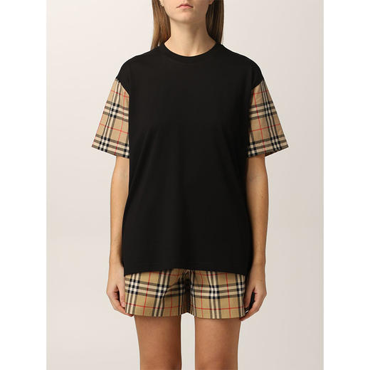 【二】BURBERRY 巴宝莉 女士 Vintage 格纹衣袖棉质宽松圆领短袖T恤 黑色 8043057 A1189 商品图0