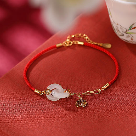 S925纯银镀金和田白玉青玉平安扣红绳福字手链手饰 CW 商品图5