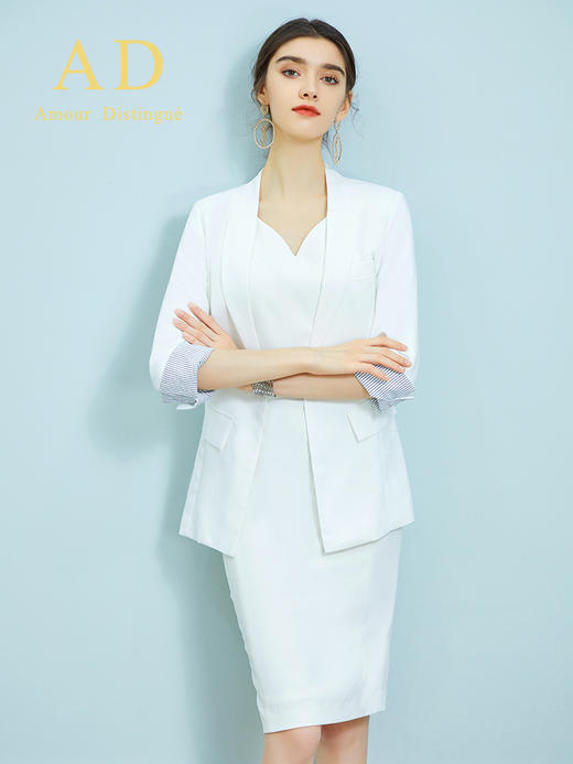 AD时尚修身名媛无袖白色连衣裙西装外套套装OL通勤职业装气质春秋 商品图2