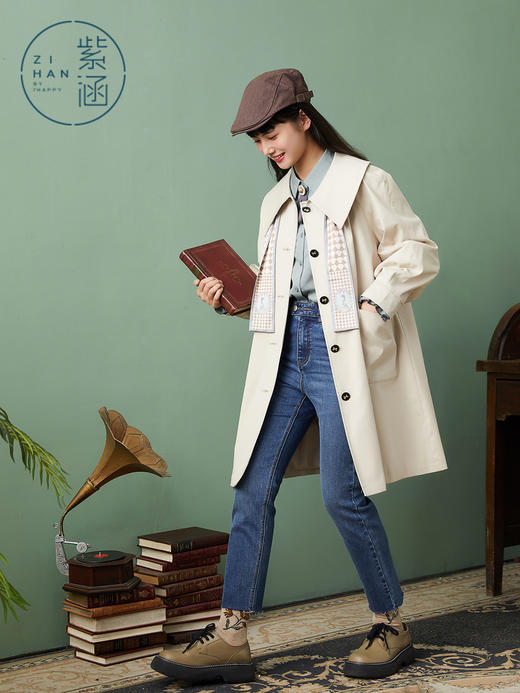 ZIHAN紫涵复古收腰翻领风衣2022春新品中长款收腰连衣裙式外套	Z2Z01AS157 商品图1