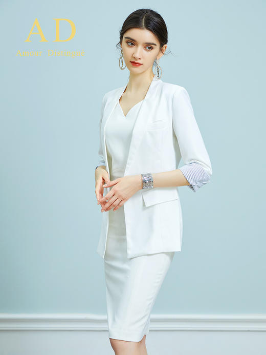 AD时尚修身名媛无袖白色连衣裙西装外套套装OL通勤职业装气质春秋 商品图1