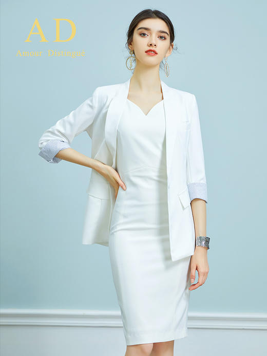 AD时尚修身名媛无袖白色连衣裙西装外套套装OL通勤职业装气质春秋 商品图0