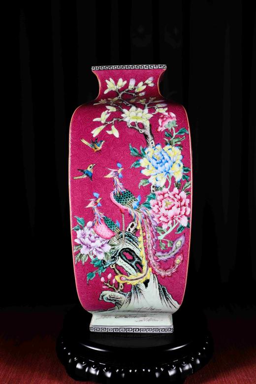 胭脂红扒花四季花鸟四方瓶 商品图0