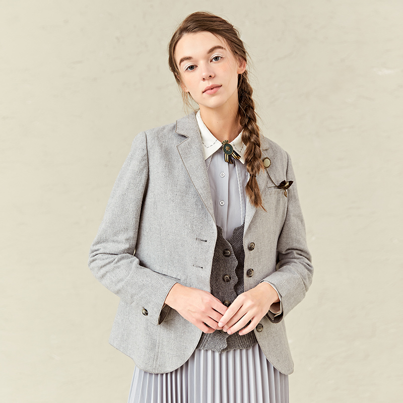 Famecoco范可儿灰色休闲西装外套女小个子春秋款西服F221AW004