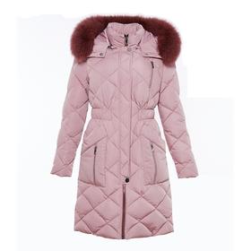 粉色收腰长羽绒服外套