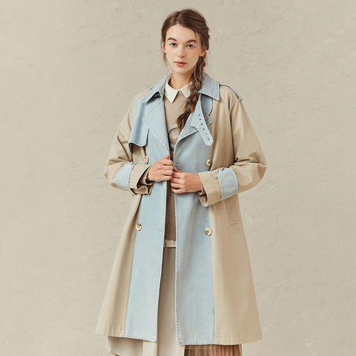 Famecoco范可儿炸街长风衣爆款牛仔拼接外套女F221AT009 商品图1