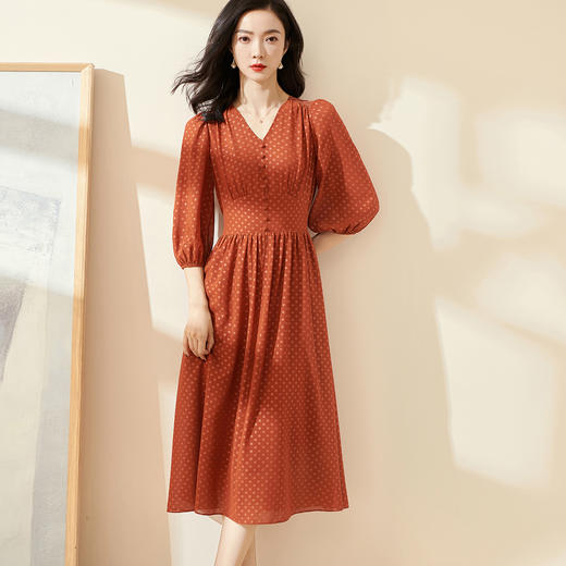 剩XL 米思阳2024春季新款气质淑女波点裙高腰显瘦泡泡袖V领连衣裙0244 商品图0
