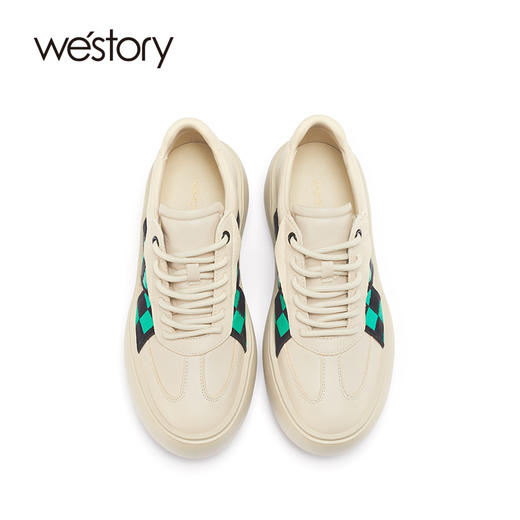 westory棋盘格拼接休闲单鞋2022春新真皮复古厚底板鞋小白鞋S22AM54651 商品图3