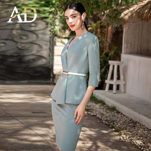 AD高端气质蓝色职业装套装女秋季不规则设计七分袖西装套裙正式装 商品图3