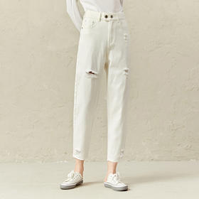 Famecoco范可儿白色破洞牛仔裤女春时尚宽松直筒裤F221GA002