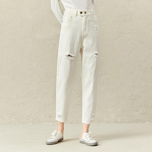 Famecoco范可儿白色破洞牛仔裤女春时尚宽松直筒裤F221GA002 商品图0
