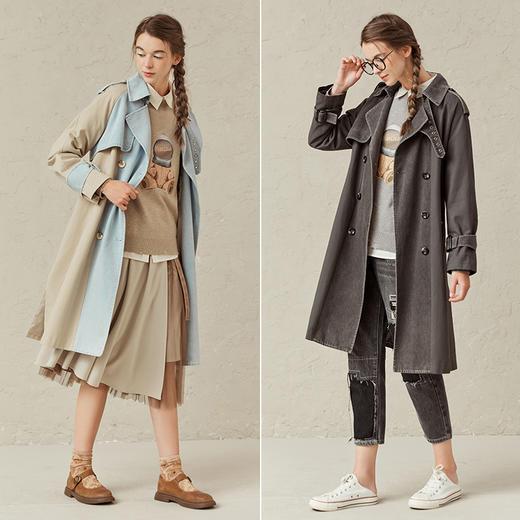 Famecoco范可儿炸街长风衣爆款牛仔拼接外套女F221AT009 商品图4