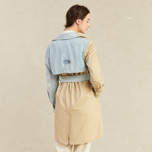 Famecoco范可儿牛仔拼接风衣女中长款小个子收腰外套F221AA005 商品图3