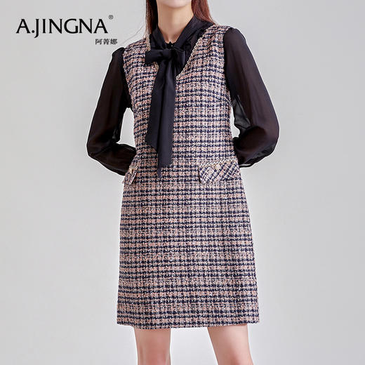 【积分兑换】阿菁娜春季新品V领直筒小香风羊毛连衣裙无袖背心马甲裙A27C103007 商品图3