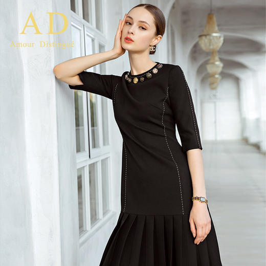 AD高端复古轻奢黑色古典包臀百褶裙名媛正装中袖巴洛克重工连衣裙 商品图3