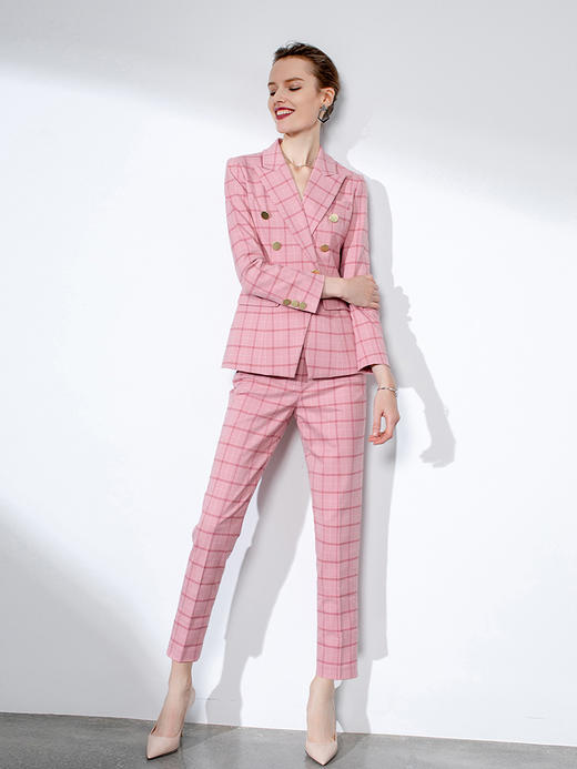 AD职业装气质女神范粉色格子西装套装金色双排扣OL西服套装裤春秋 商品图3