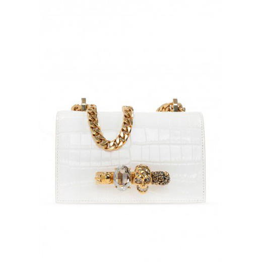 ALEXANDER MCQUEEN 亚历山大.麦昆 女士小号鳄鱼压纹皮革施华洛世奇水晶镶嵌手指骷髅单肩包 白色 653134 1HB0T 9006 商品图0