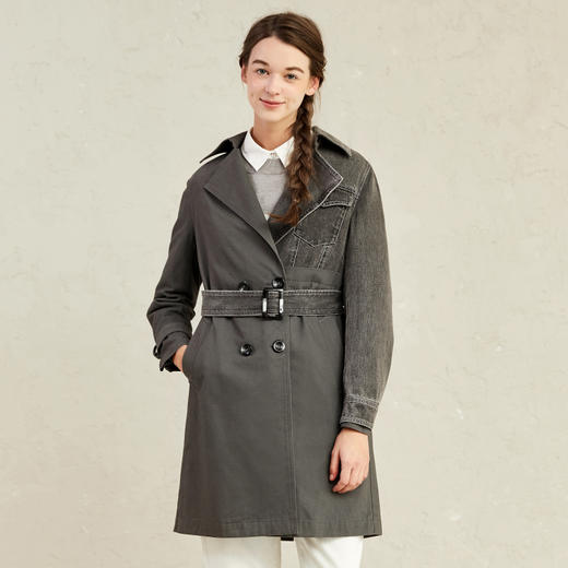Famecoco范可儿牛仔拼接风衣女中长款小个子收腰外套F221AA005 商品图0