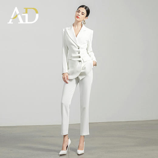 AD白色西装套装女秋冬两件套设计感褶皱西服外套通勤简约职业装 商品图2