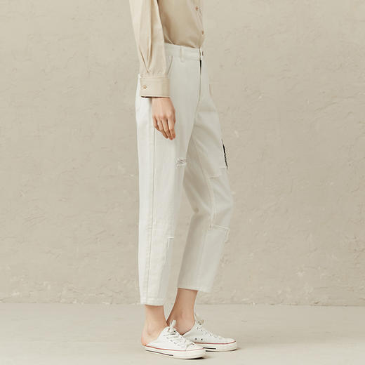 Famecoco范可儿破洞牛仔裤女春秋潮流拼接长裤F221GA012 商品图3