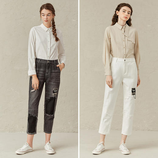 Famecoco范可儿破洞牛仔裤女春秋潮流拼接长裤F221GA012 商品图4