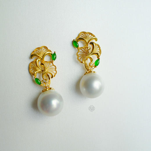 龢盒原创 金枝玉叶二用款翡翠珍珠银杏耳坠 耳环 商品图0