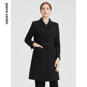 皮尔卡丹女装大衣黑色简约中长款百搭通勤羊毛呢外套P1413C1989B0
