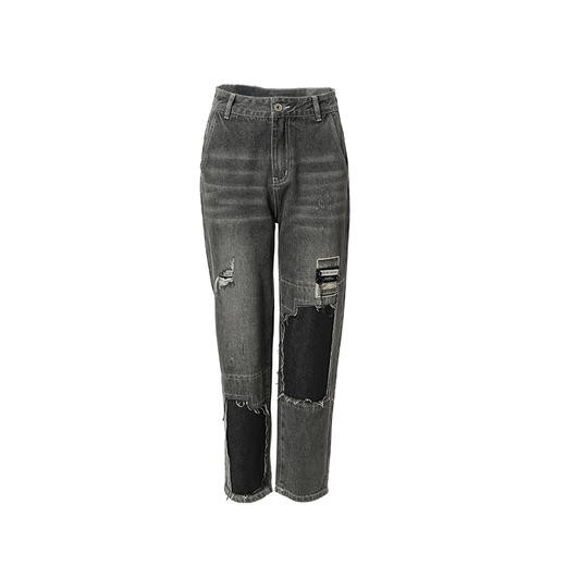 Famecoco范可儿破洞牛仔裤女春秋潮流拼接长裤F221GA012 商品图5