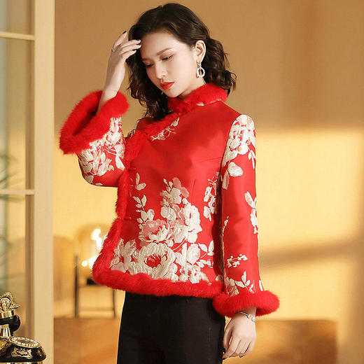 AYK-提花长袖毛边立领夹棉唐装上衣女 商品图1